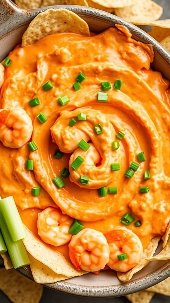 Buffalo shrimp dip in a dish with tortilla chips and celery sticks.